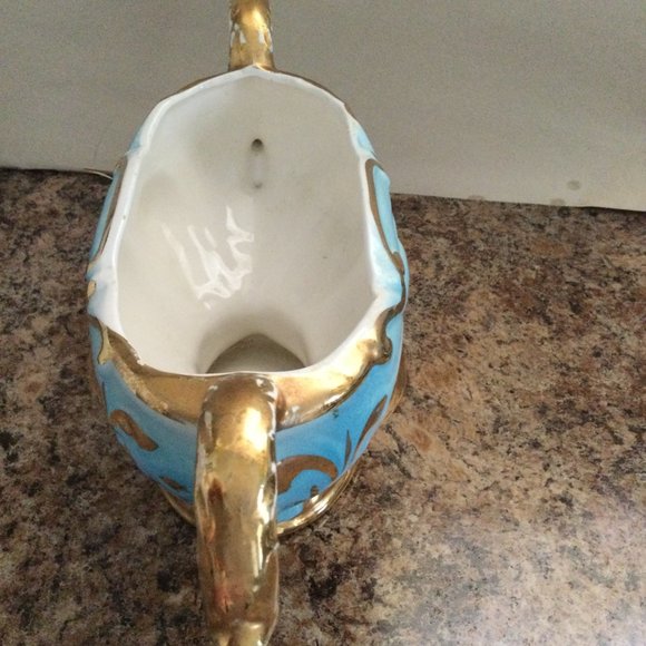 Vintage big bowl footed handled heavy gold gild sky blue hand painted - Picture 4 of 8